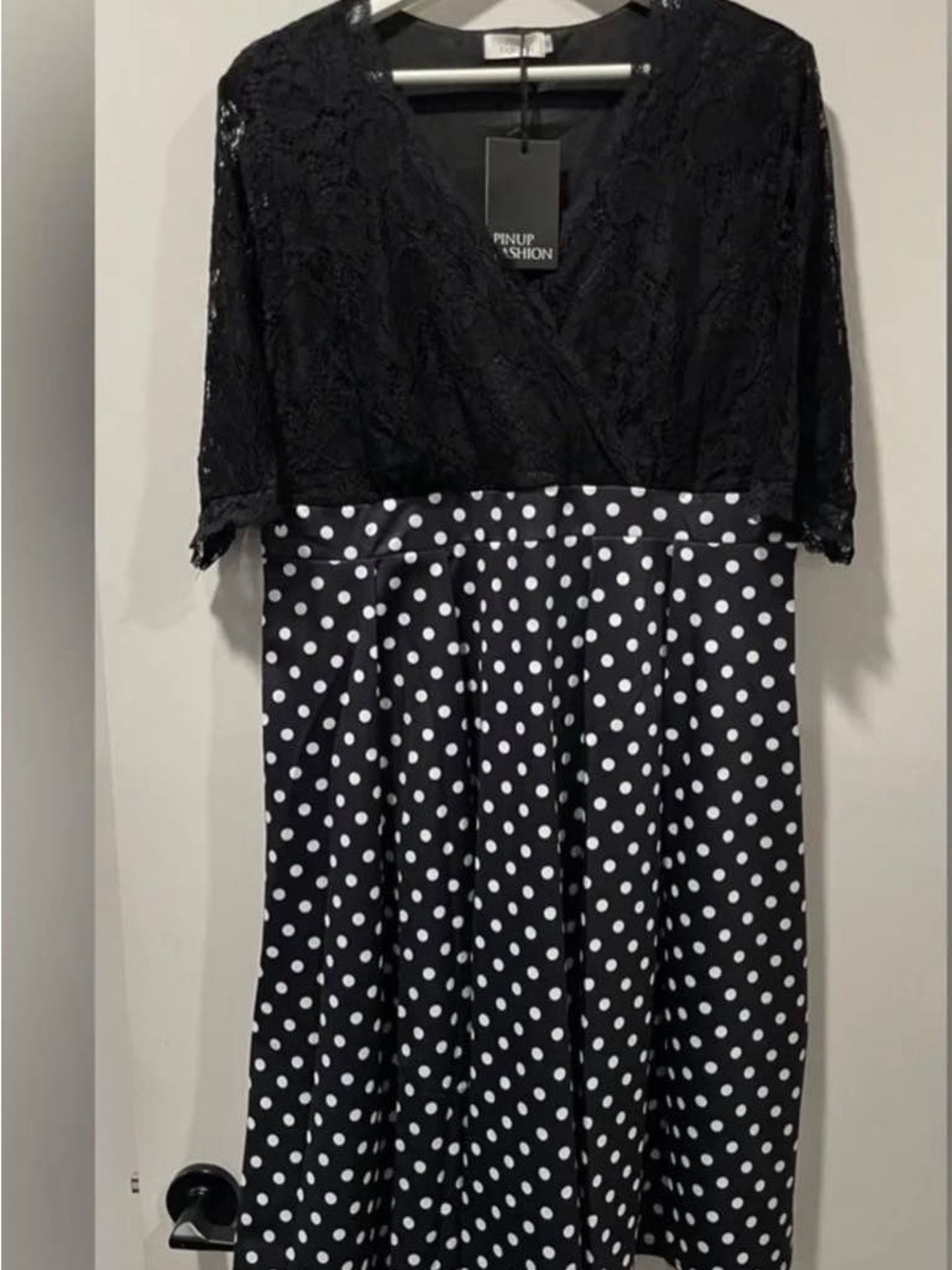 Lace top Dress Pinup Fashion Black Lace Top Polka Dot Midi Dress Plus size - Picture 1 of 3